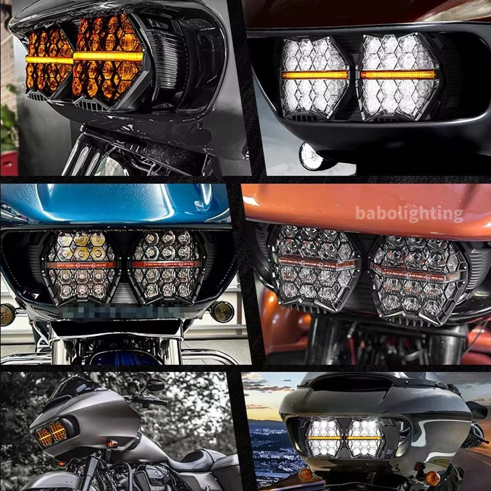 E24 240W Yellow&Clear Clens Honeycomb LED Headlight for Harley Davidson Road Glide 2018 2019 2021 2023 2015-2023 High Low Beam Daytime Running Light