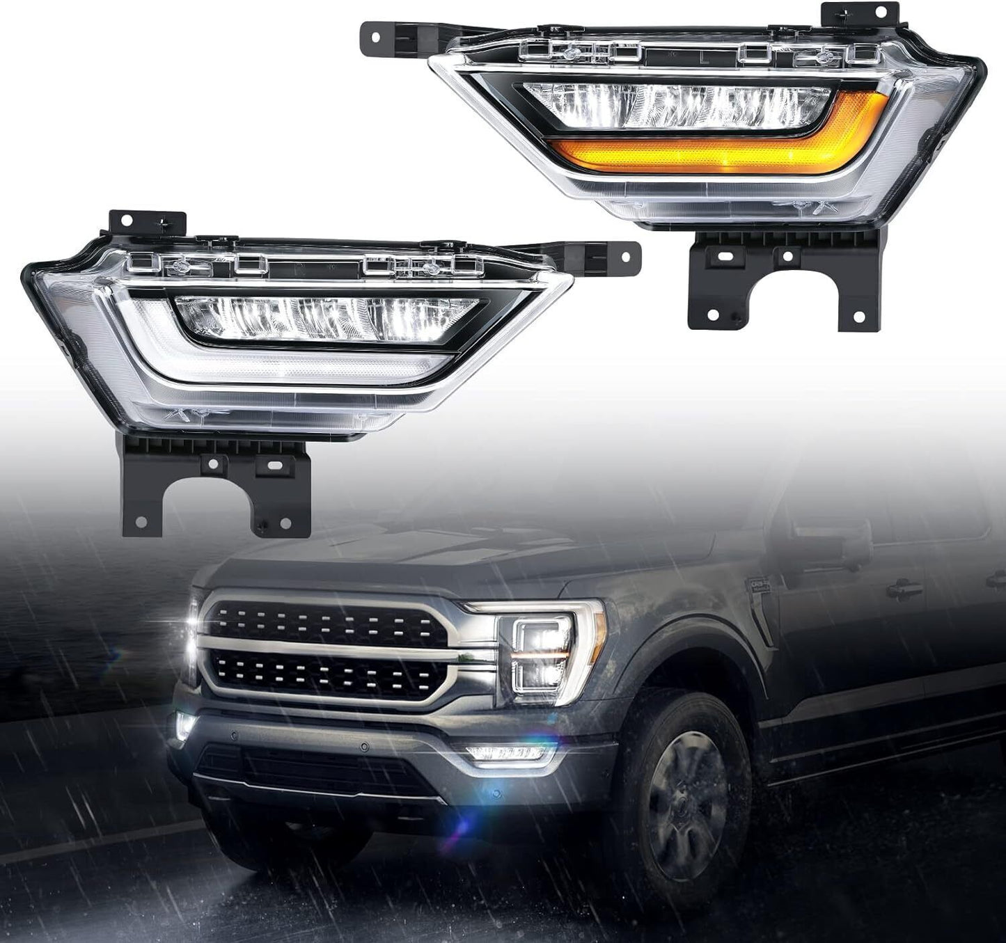 Pair Bumper LED Fog Lights DRL with Amber Turn Signal For 2021 2022 2023 Ford F150 F-150