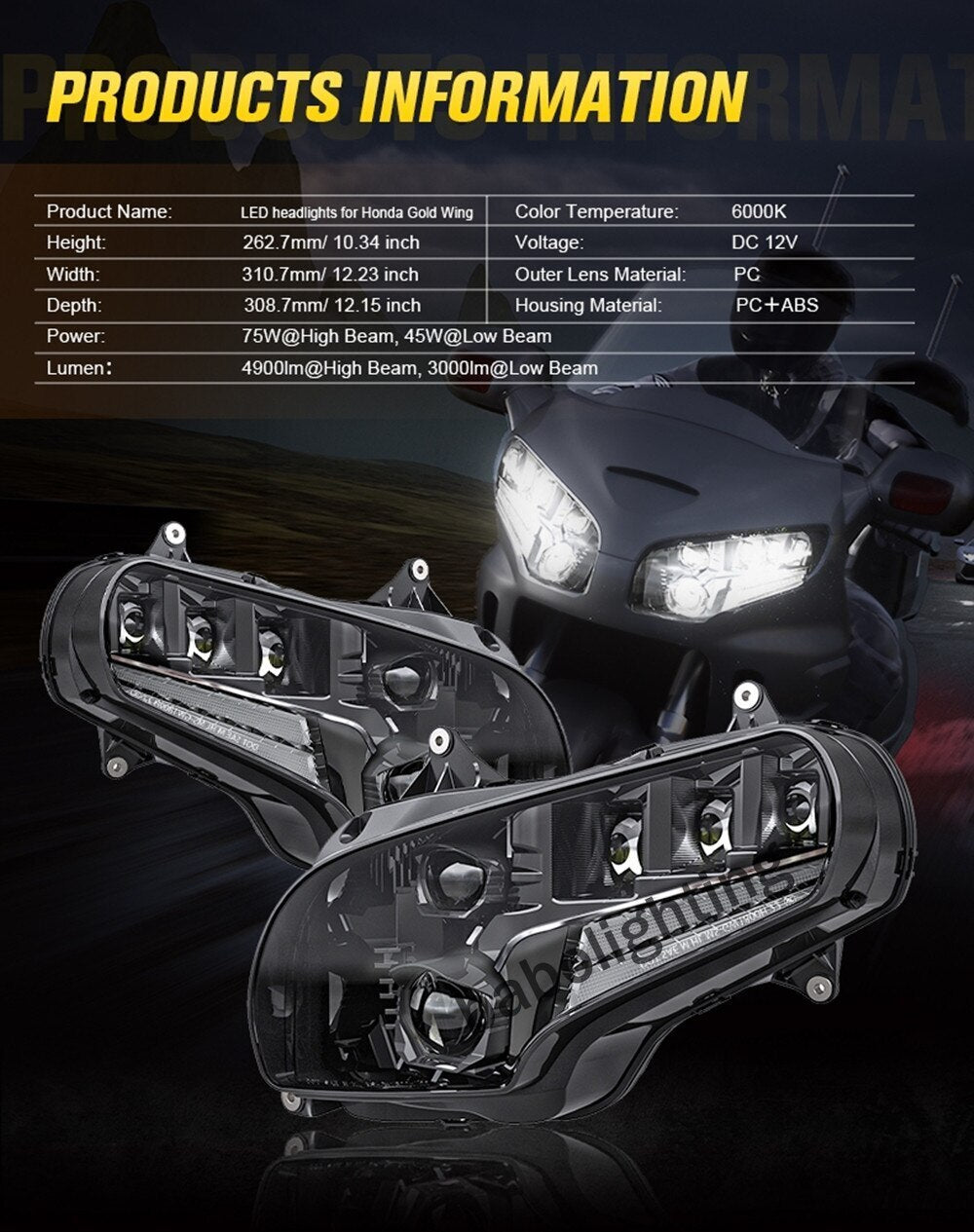 LED Adjustable Beam Headlight with Daytime Running Lights Hi/Lo Beam for Honda Gold Wing GL1800 2001-2017