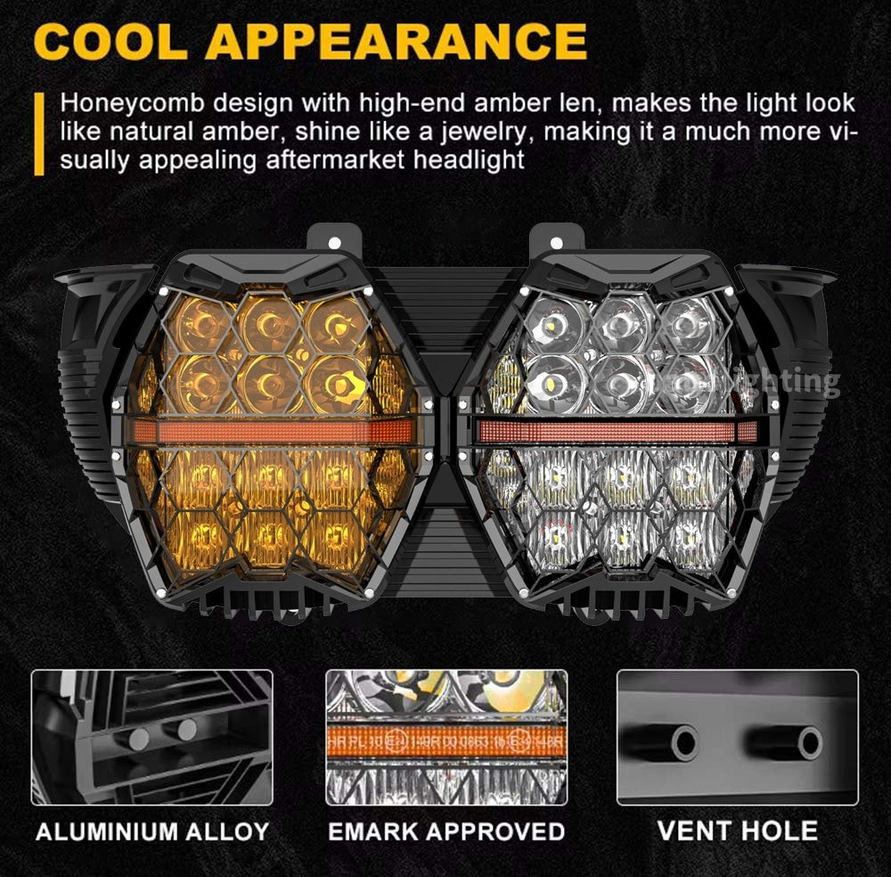 E24 240W Yellow&Clear Clens Honeycomb LED Headlight for Harley Davidson Road Glide 2018 2019 2021 2023 2015-2023 High Low Beam Daytime Running Light