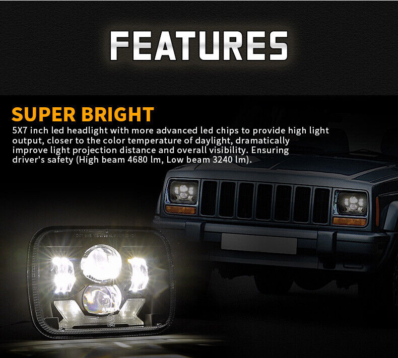 7x6'' 5x7" LED Headlight High Low Beam Halo DRL For Jeep Cherokee XJ YJ Chevy
