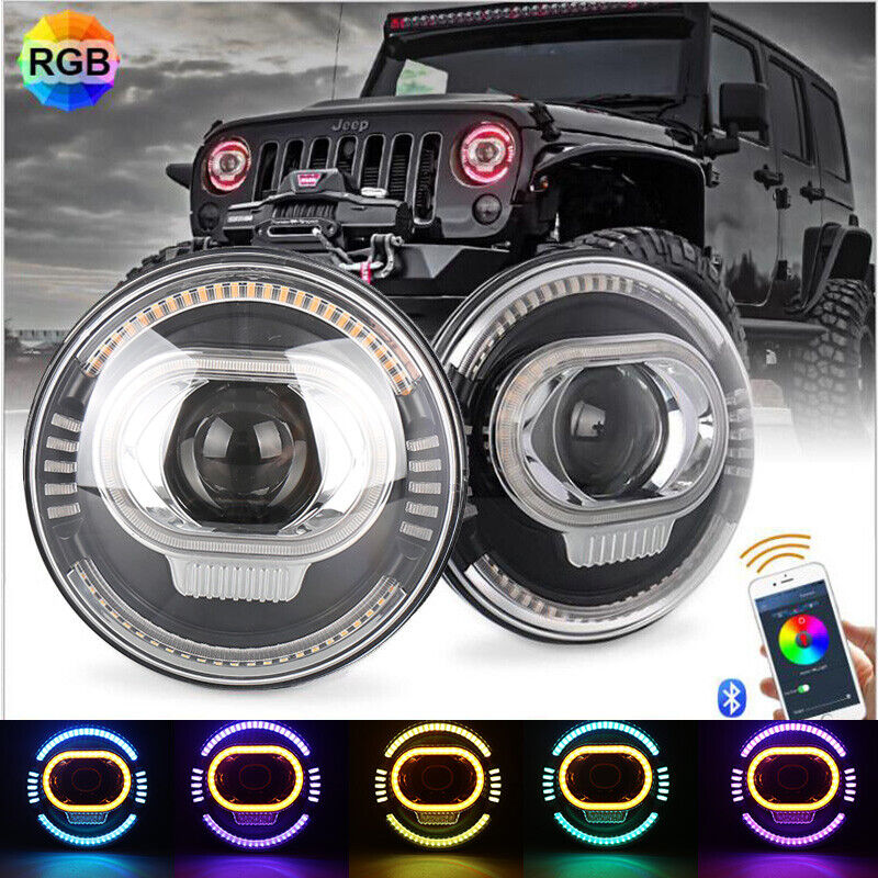 7 Inch LED Headlight 50W High Low Beam DRL RGB Bluetooth App Control For Jeep