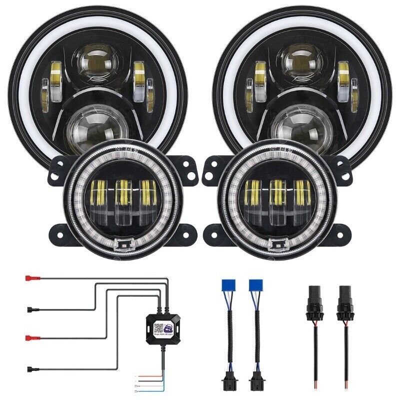 LED RGB Halo Headlight with Amber Turn Signal Fog Light Kit Combo For Jeep JK