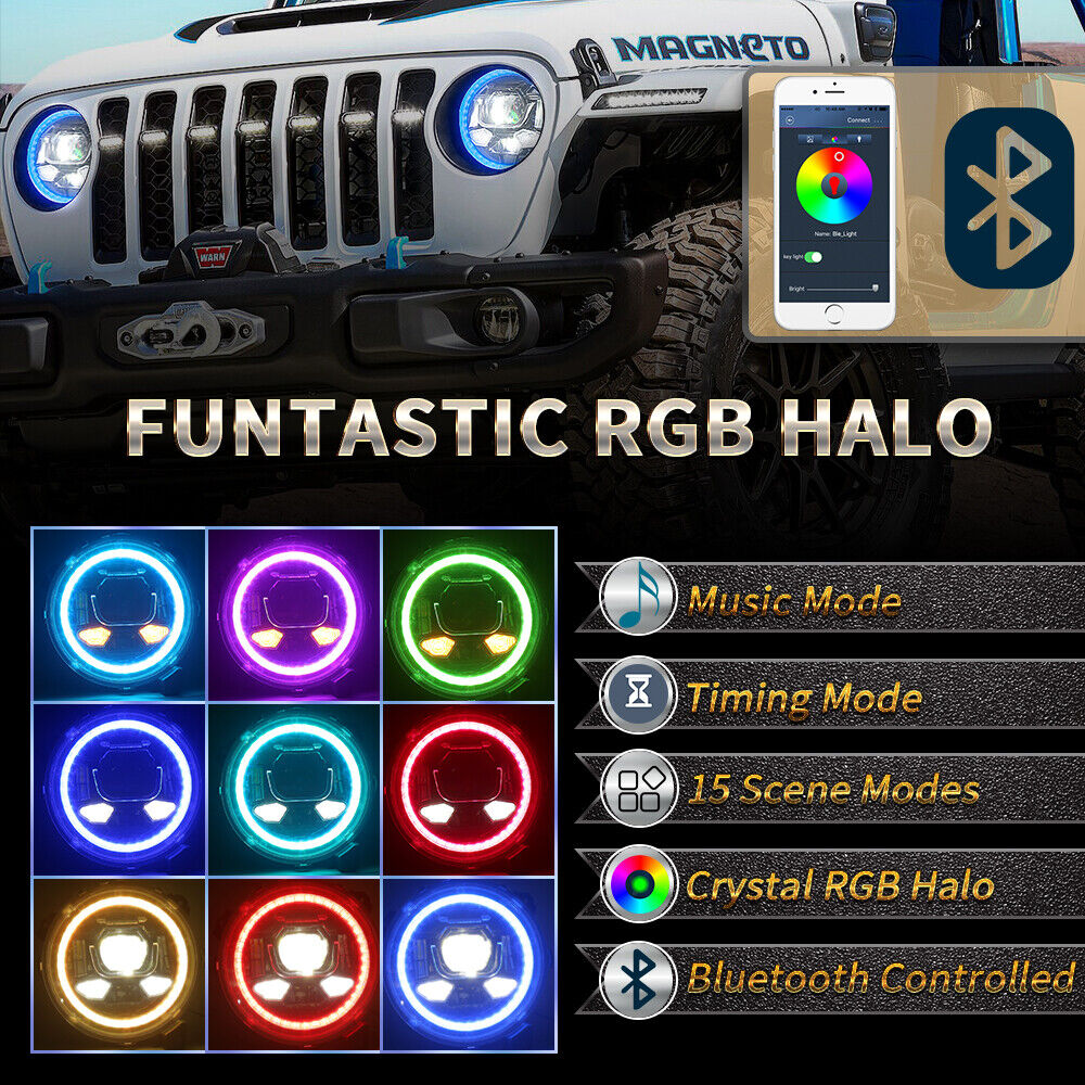 9'' Led Headlight Halo Turn Signal APP control for Jeep Wrangler JL Gladiator