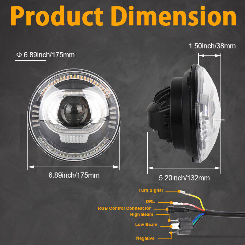 7 Inch LED Headlight 50W High Low Beam DRL RGB Bluetooth App Control For Jeep