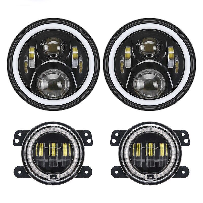 LED RGB Halo Headlight with Amber Turn Signal Fog Light Kit Combo For Jeep JK