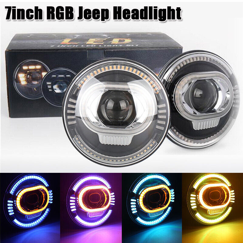 7 Inch LED Headlight 50W High Low Beam DRL RGB Bluetooth App Control For Jeep