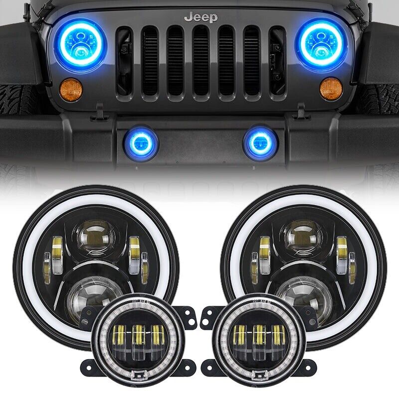 LED RGB Halo Headlight with Amber Turn Signal Fog Light Kit Combo For Jeep JK