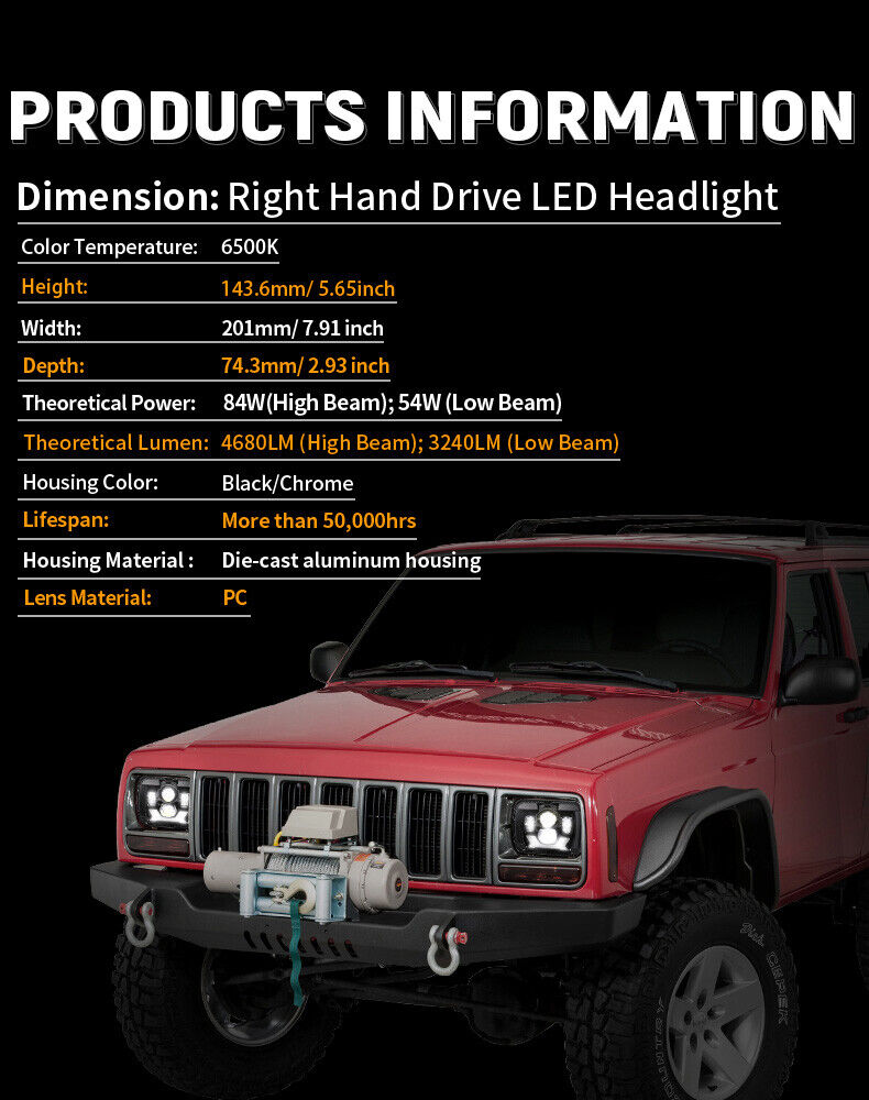 7x6'' 5x7" LED Headlight High Low Beam Halo DRL For Jeep Cherokee XJ YJ Chevy
