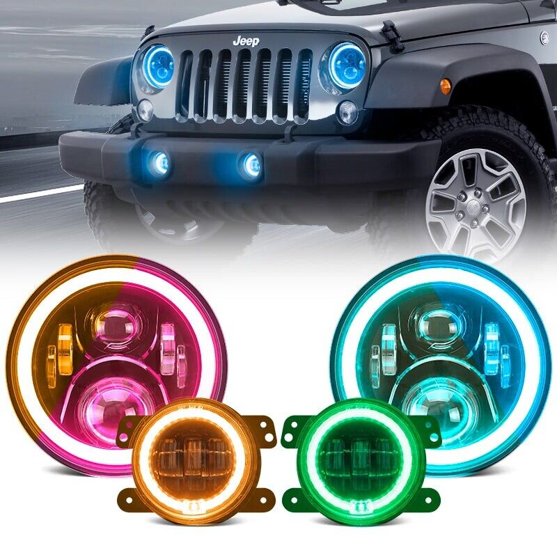 LED RGB Halo Headlight with Amber Turn Signal Fog Light Kit Combo For Jeep JK