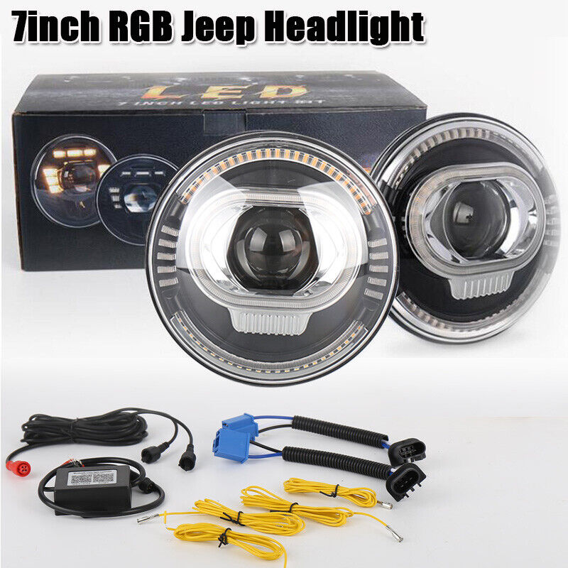 7 Inch LED Headlight 50W High Low Beam DRL RGB Bluetooth App Control For Jeep