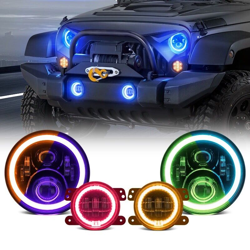 LED RGB Halo Headlight with Amber Turn Signal Fog Light Kit Combo For Jeep JK