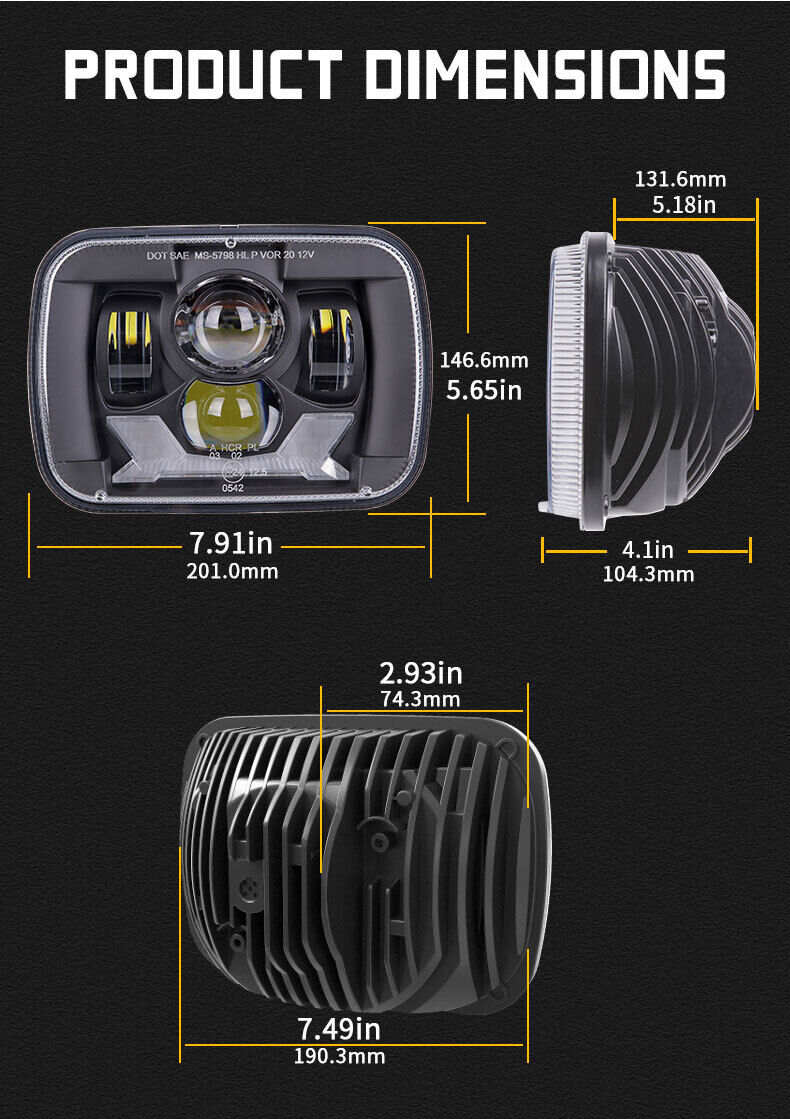 7x6'' 5x7" LED Headlight High Low Beam Halo DRL For Jeep Cherokee XJ YJ Chevy