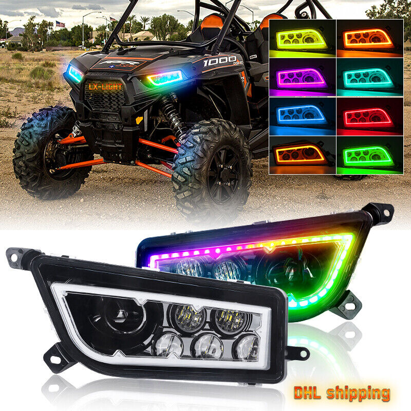 Pair ATV RGB LED Headlights Halo Angel Eye For 2014-2021 Polaris RZR 900 1000 XP