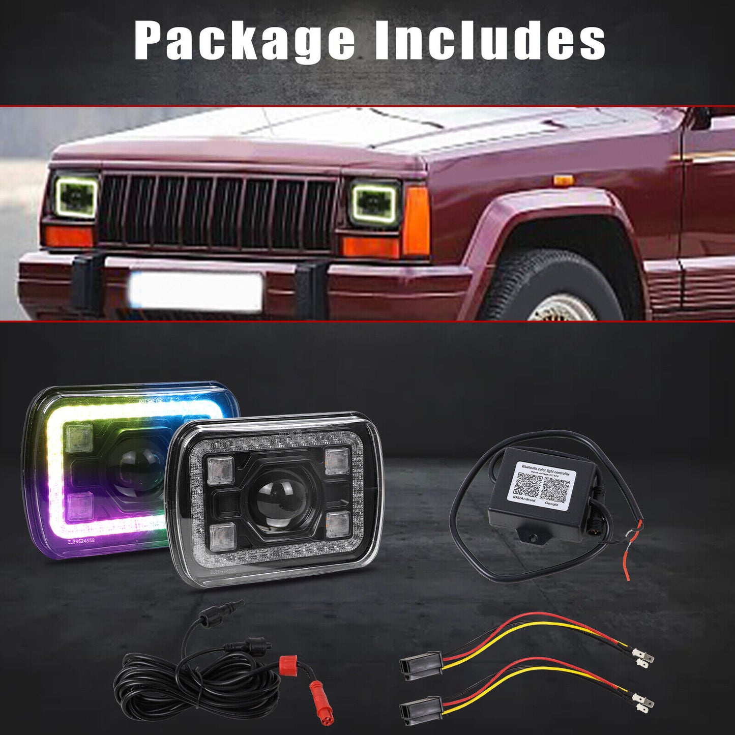 7x5 inch Led Headlights with DRL Bluetooth Control RGB Halo For Jeep Wrangler YJ