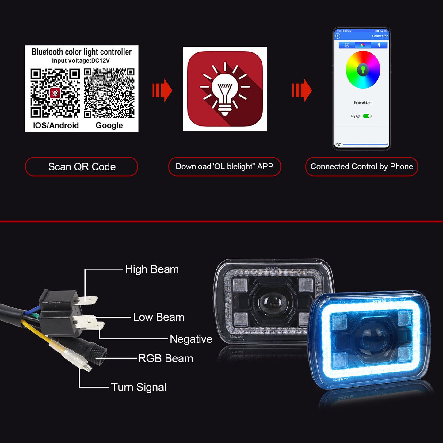 7x5 inch Led Headlights with DRL Bluetooth Control RGB Halo For Jeep Wrangler YJ