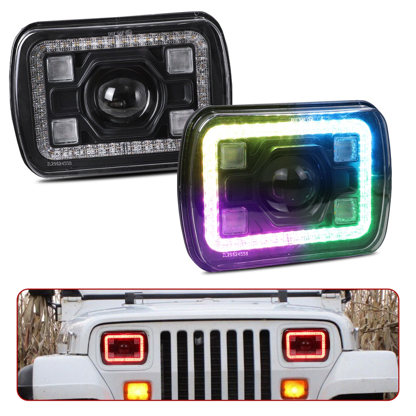 7x5 inch Led Headlights with DRL Bluetooth Control RGB Halo For Jeep Wrangler YJ