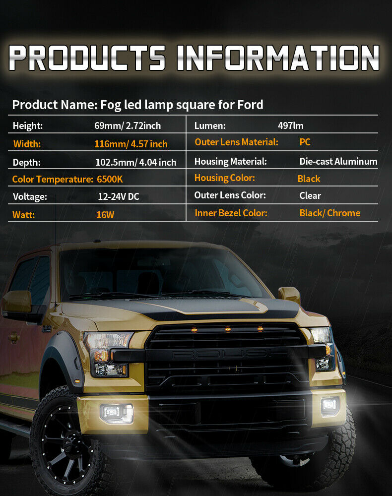 Black Pair LED Fog Lights Square Bumper Driving Lamps For Ford F150 2015-2019