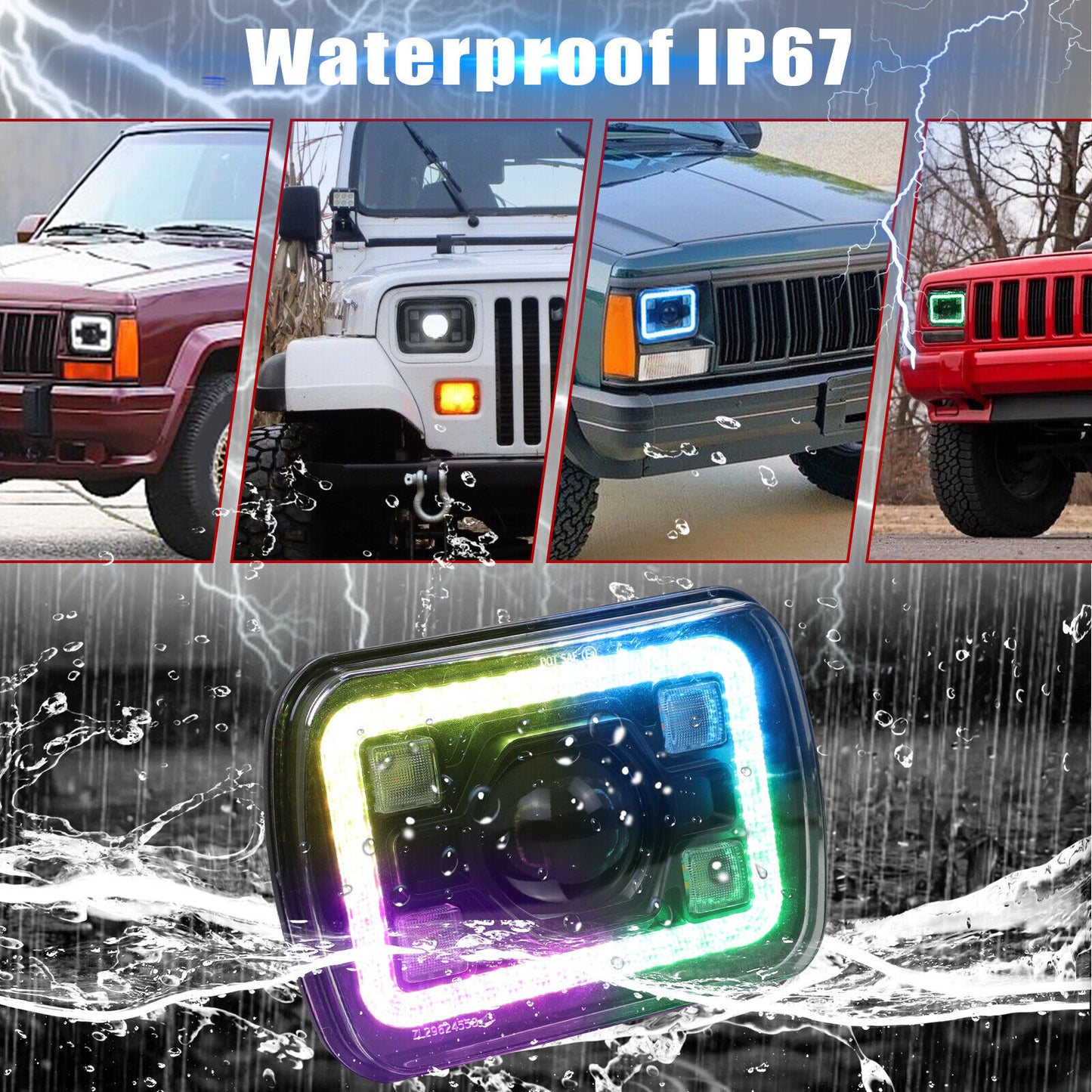 7x5 inch Led Headlights with DRL Bluetooth Control RGB Halo For Jeep Wrangler YJ