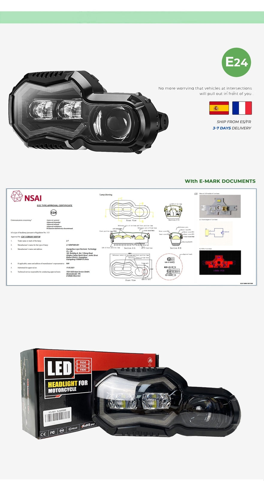 LED Headlight with DRL Hi-Lo Beam E-Approval Plug & Play for BMW F650 f700 F800 GS F800 R