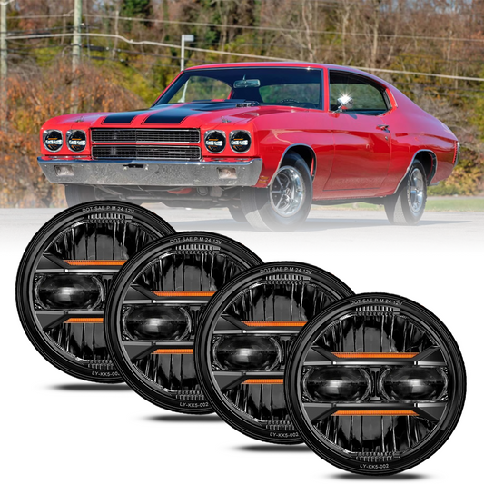 5 3/4'' 5.75 inch LED Headlights Round 4pcs Hi/Lo Beam with DRL for Peterbilt 349 359 fit for Impala 59-76 fit for Dodge