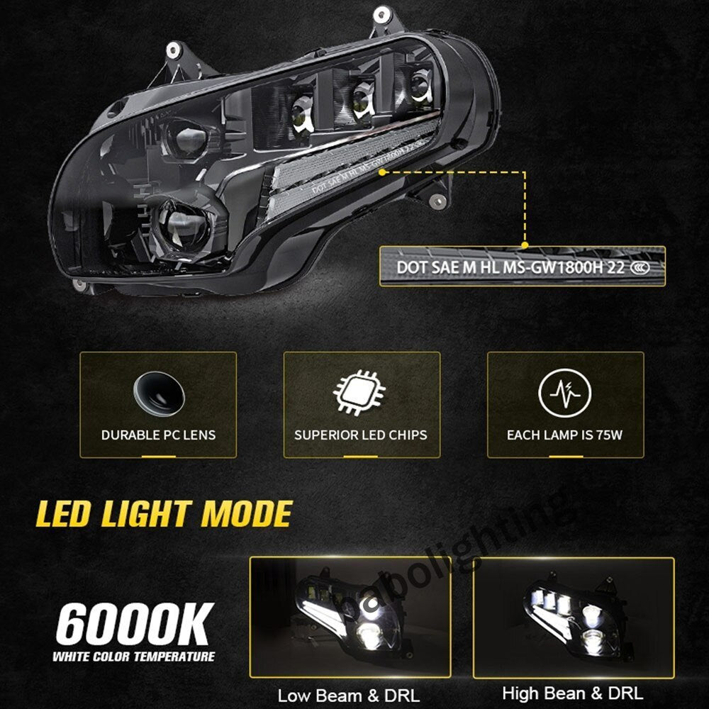 LED Adjustable Beam Headlight with Daytime Running Lights Hi/Lo Beam for Honda Gold Wing GL1800 2001-2017