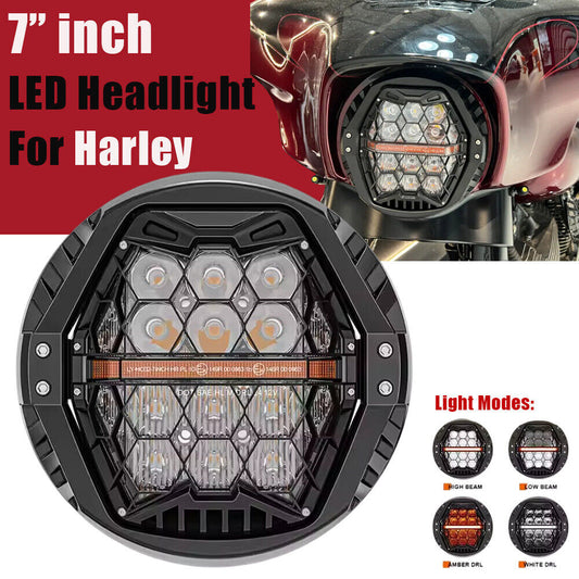 7" inch Motorcycle LED Headlight High Low Beam with Amber DRL for Harley Touring Street Glide Cvo Tri Softail