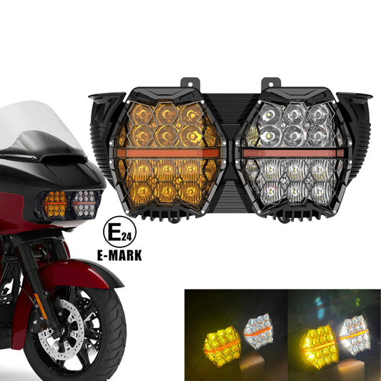 E24 240W Yellow&Clear Clens Honeycomb LED Headlight for Harley Davidson Road Glide 2018 2019 2021 2023 2015-2023 High Low Beam Daytime Running Light