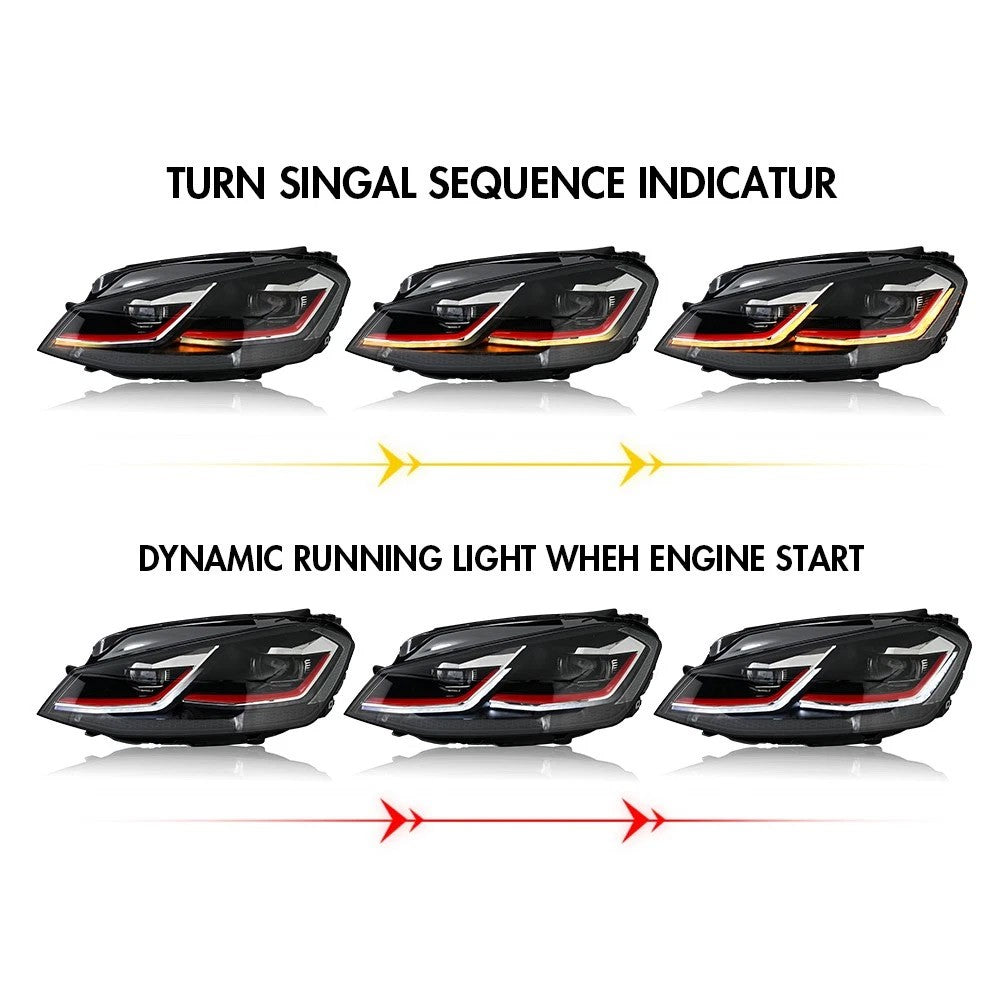2PCS LED Headlights with White DRL Sequential Turn Signal High Low Beam for VW Golf7 MK7 VII