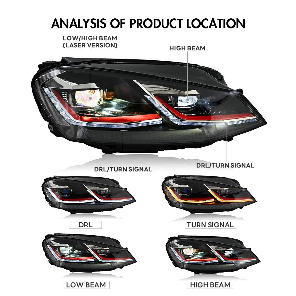 2PCS LED Headlights with White DRL Sequential Turn Signal High Low Beam for VW Golf7 MK7 VII