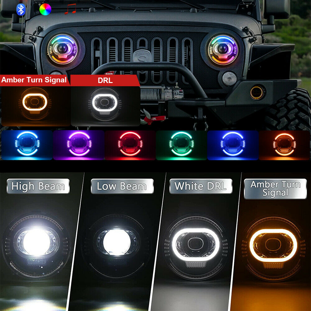 7" Inch LED Headlights RGB DRL and Turn Signal For Jeep Wrangler JK LJ TJ CJ