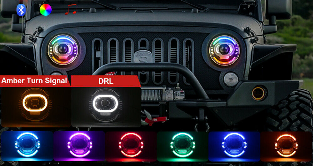 7" Inch LED Headlights RGB DRL and Turn Signal For Jeep Wrangler JK LJ TJ CJ