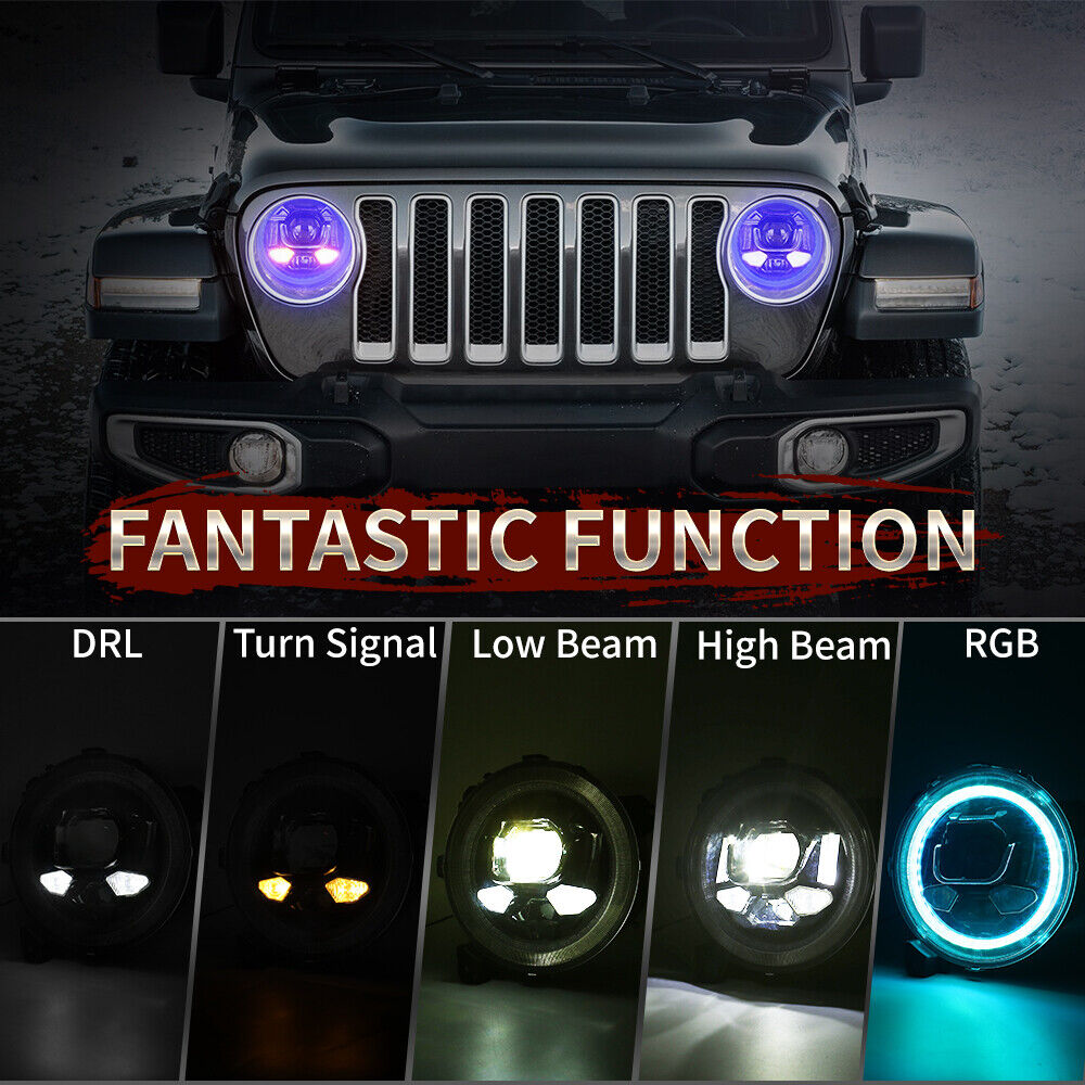 9'' Led Headlight Halo Turn Signal APP control for Jeep Wrangler JL Gladiator