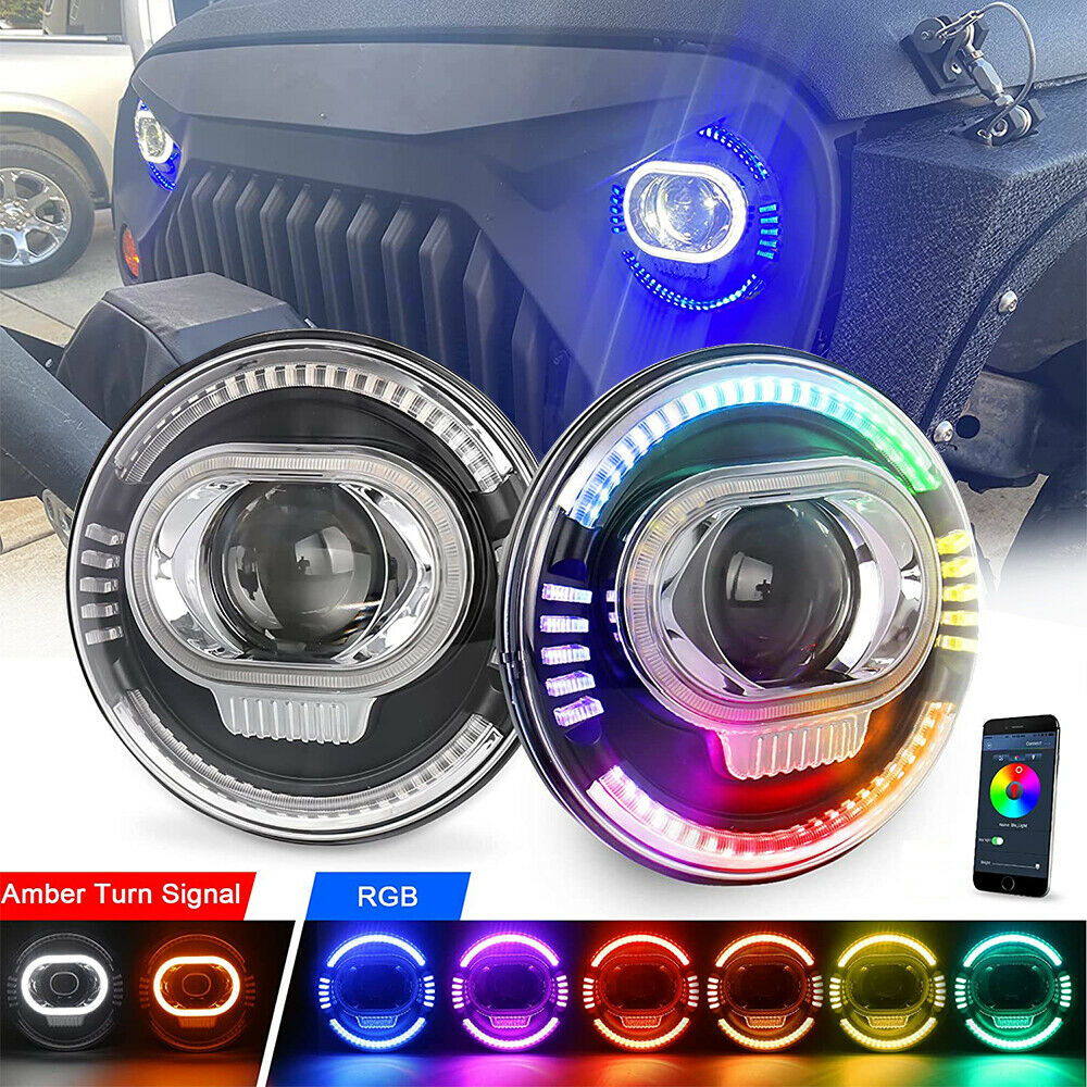 7" Inch LED Headlights RGB DRL and Turn Signal For Jeep Wrangler JK LJ TJ CJ