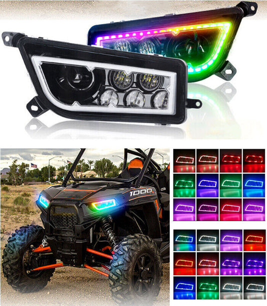 Pair ATV RGB LED Headlights Halo Angel Eye For 2014-2021 Polaris RZR 900 1000 XP