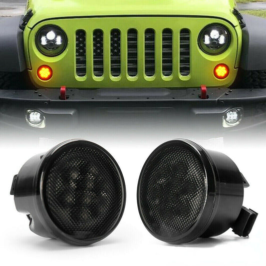 Pair Front Amber Smoke Lens LED Turn Signal Light For Jeep Wrangler JK JKU 07-18