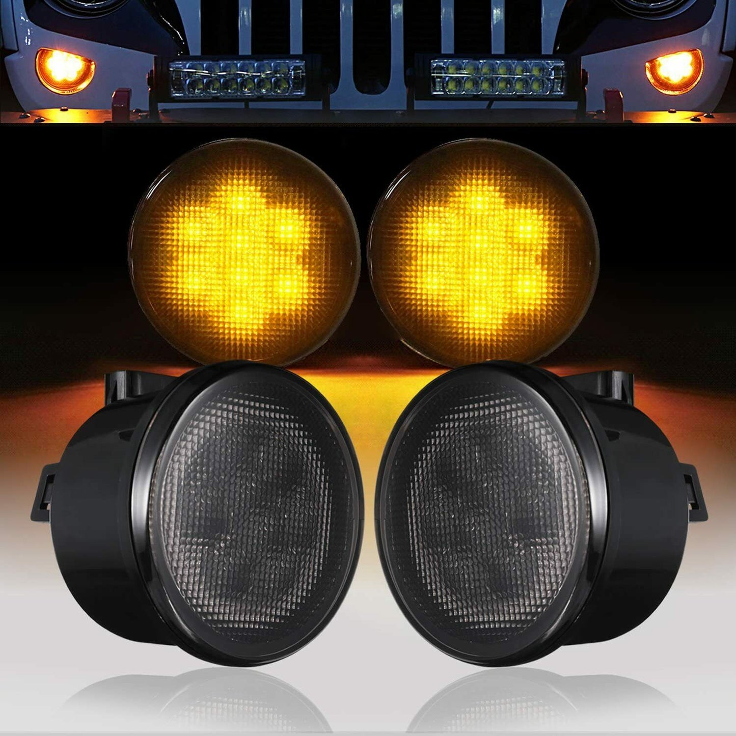 Pair Front Amber Smoke Lens LED Turn Signal Light For Jeep Wrangler JK JKU 07-18